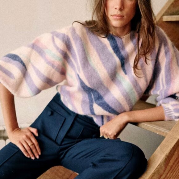 NWT Sezane Chessy Sweater Zebra Pastel Print Purple Blue French Knit - Picture 1 of 8